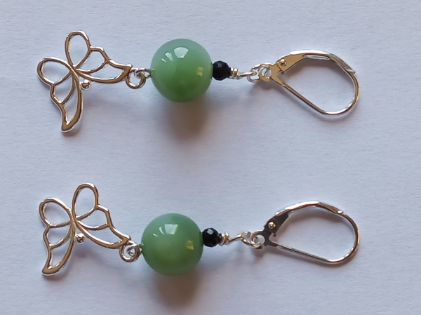 silver earrings-leverbacks with jadeite and tourmaline beads and butterfly-the colours are green and black-